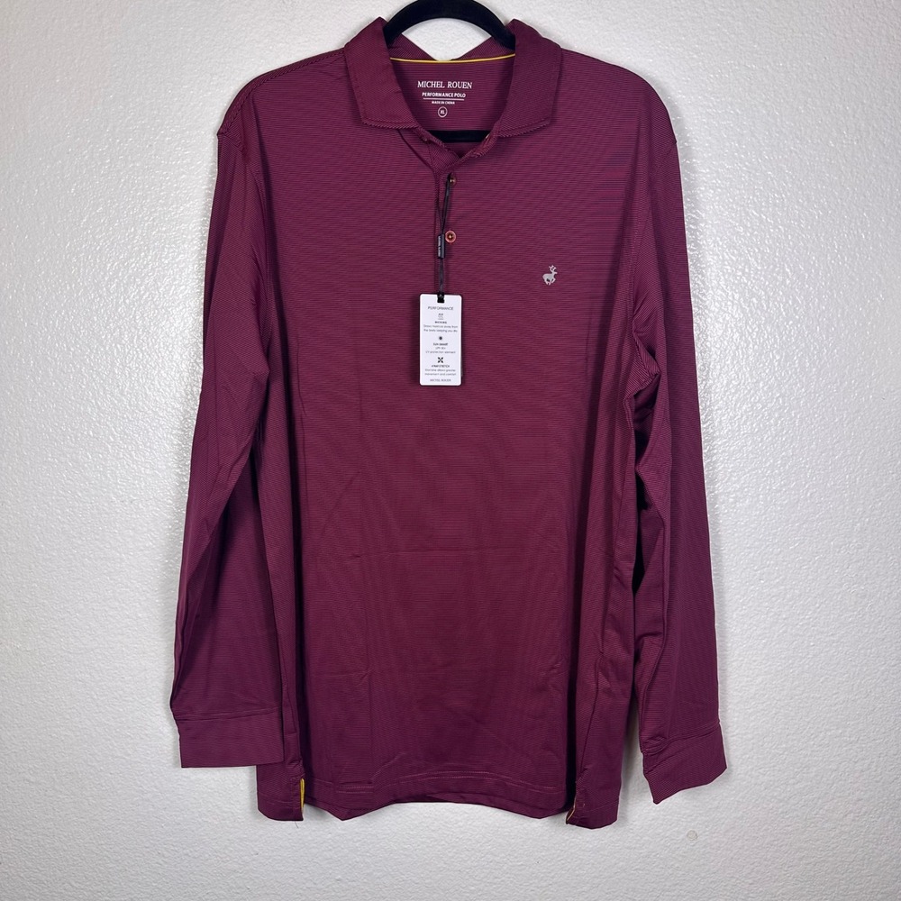 Michel Rouen Performance Polo Maroon Stripe Long Sleeve Shirt‎ MRPL009 XL NEW